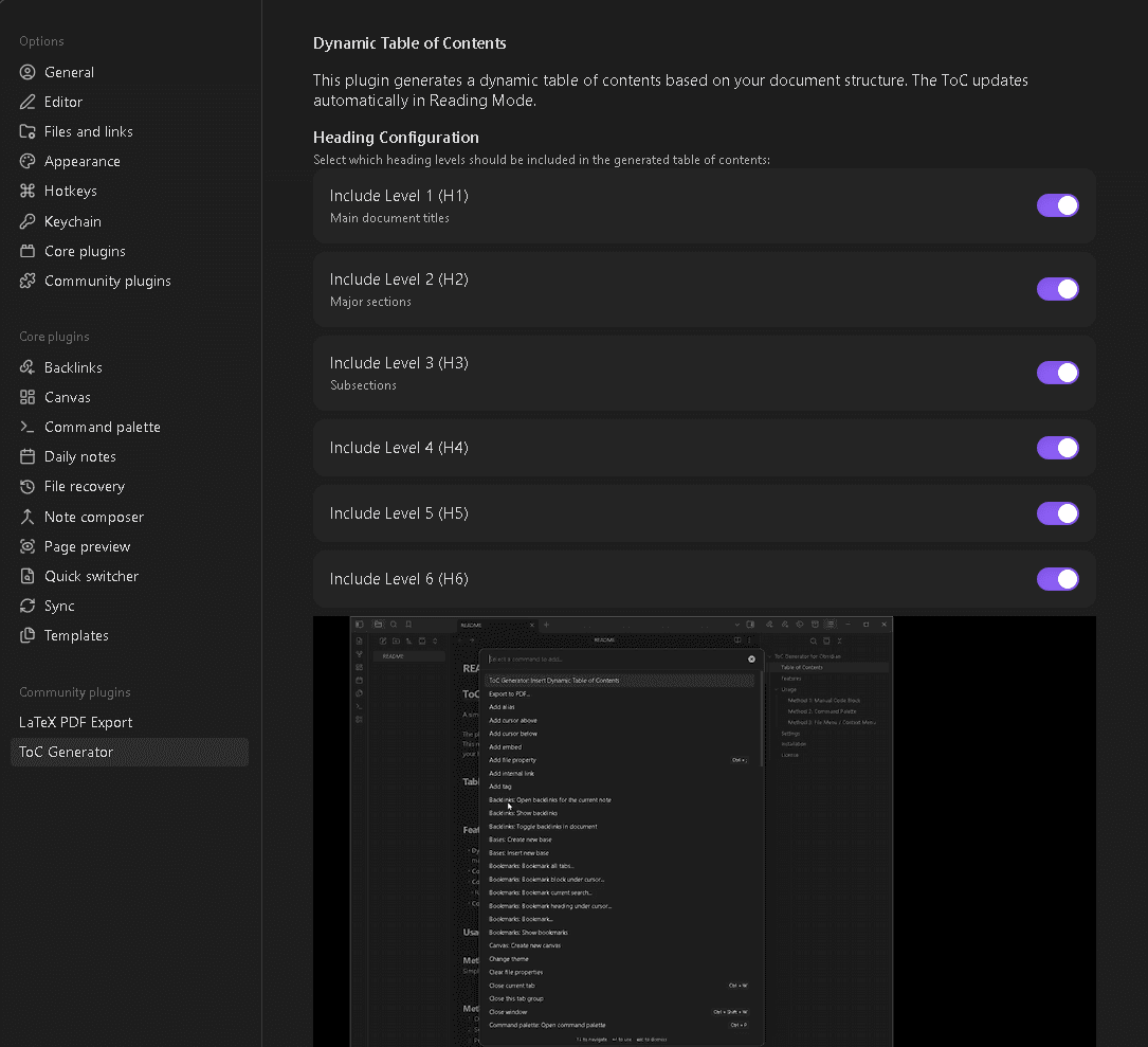 Obsidian TOC plugin screenshot